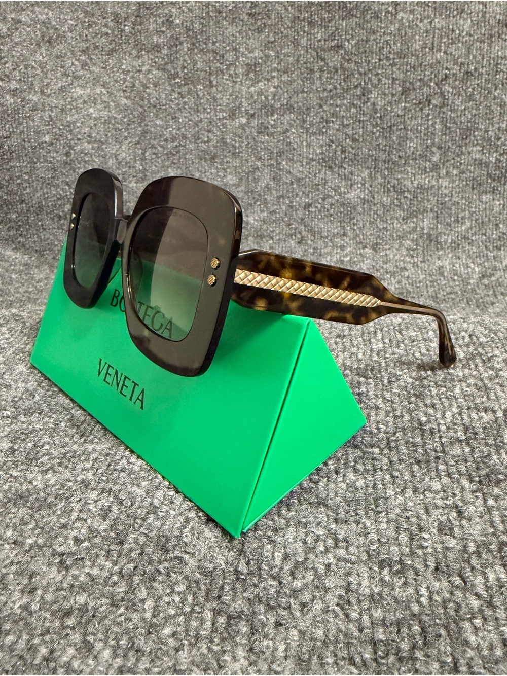 Bottega Veneta Black Square Gradient Lens Sunglasses with Tortoiseshell Temples